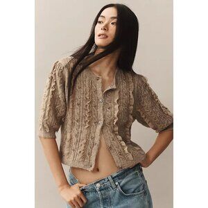 Maeve Short-Sleeve Embellished Ruffled Cardigan L